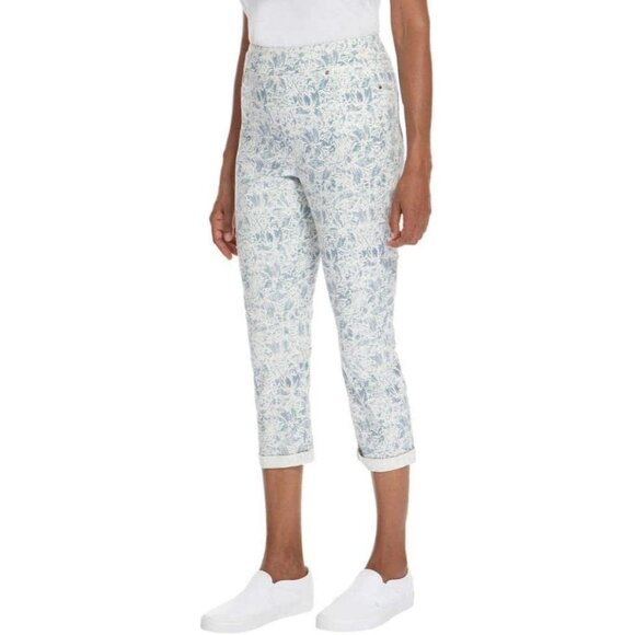Mario Serrani Floral Pull-On Capri Pants Women M Slim-Straight Floral Blue White - Picture 11 of 11